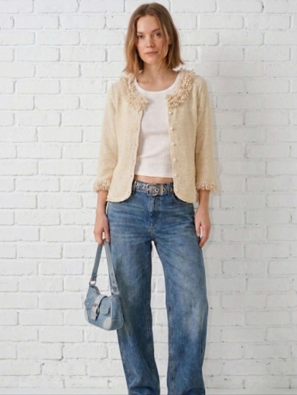 COLDWATER CREEK Women's Cream Knit Cardigan Ruffle Fringe Collar Cuffs‎ Size XS